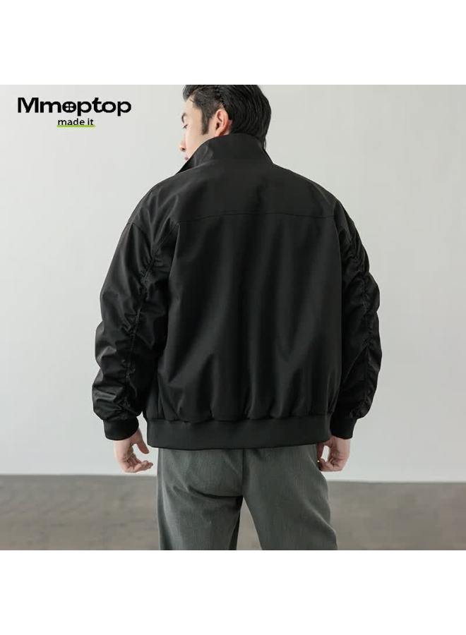 Mmoptop Pilot Stand Collar Vintage Style Jacket Spring Autumn Men's American Streetwear Mjk26 Black M - Image 2