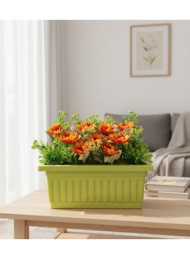 Artificial flower pot with a bouquet of roses and green leaves, a plastic pot for home decor, available in multiple colors.