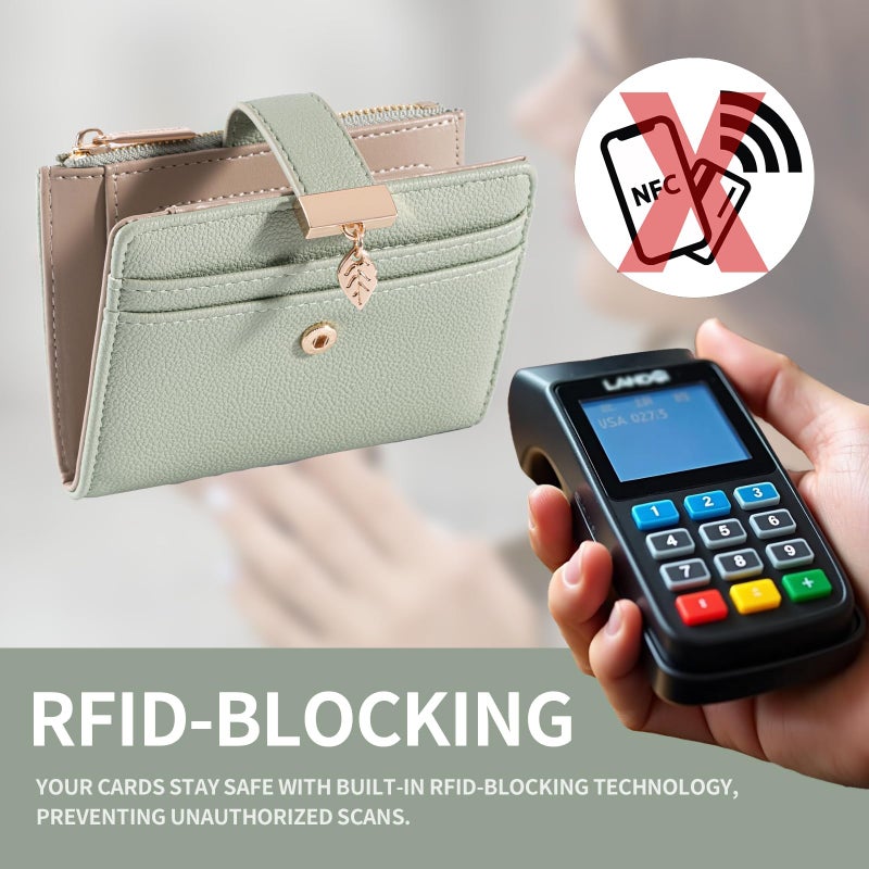 Pomelo Best Small Wallet Women RFID Blocking Bifold Soft Leather Card Holder with ID Window Zipper Coin Pocket Wallets for Women Green - Image 5