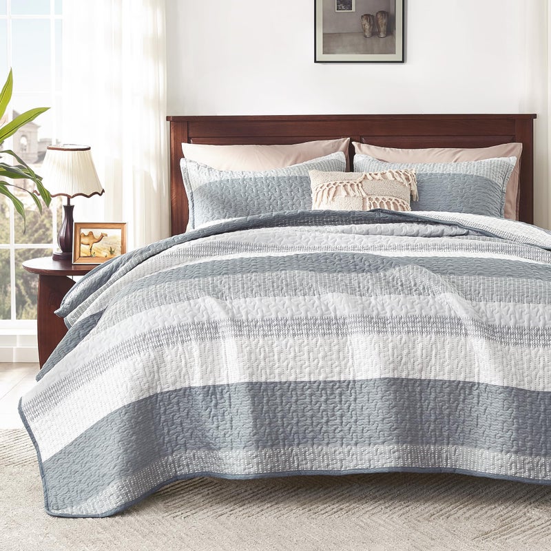 Andency Grey Striped Quilt King106x96Inch 3 Pieces 1 Quilt and 2 Pillowcases Patchwork Bedspread Coverlet Set Soft Microfiber Quilted Bedding Set