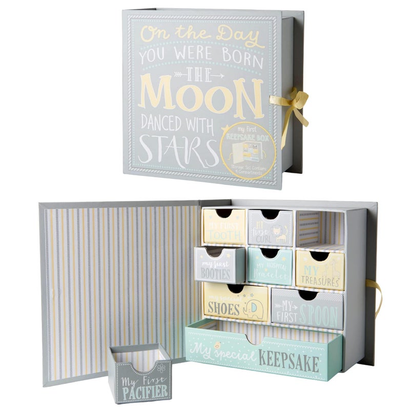 Votum Baby Keepsake Box for Treasured Memories, Moon & Stars - Lightweight, Handcrafted Baby Boxes with 9 Labeled Compartments for First Memories - Gender Neutral Baby Shower Gifts for Girls, Boys - Image 1