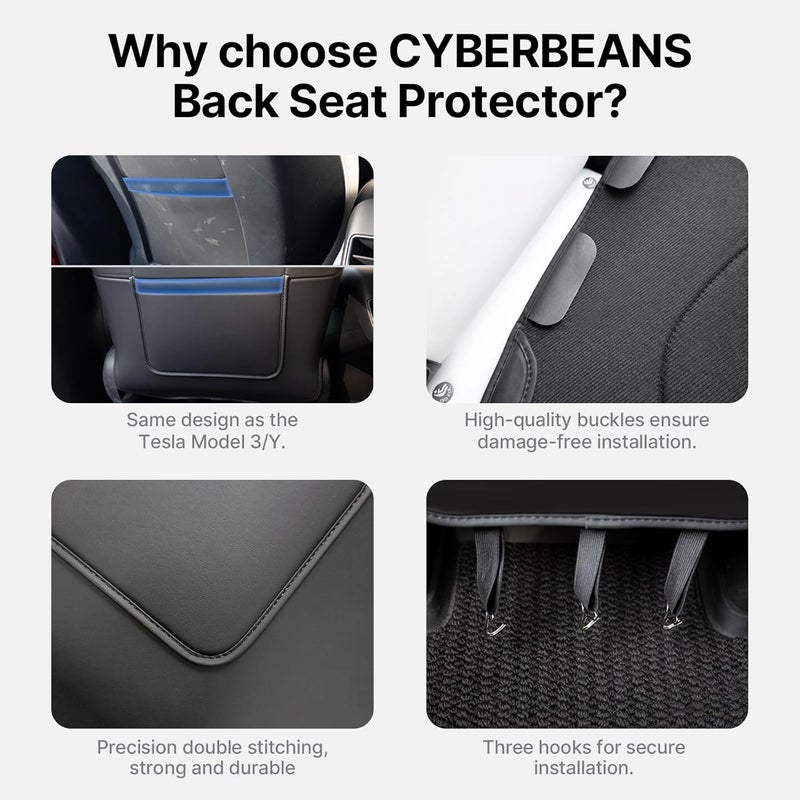 CYBERBEANS 2 قطع من واقيات الظهر الجلدية للمقاعد الخلفية لسيارة تيسلا موديل Y 3 إكسسوارات 2024 2025، حصائر مقاومة للركل من الأطفال، غطاء مقعد مقاوم للماء، واقيات للحيوانات الأليفة من البقع والخدوش. - Image 4