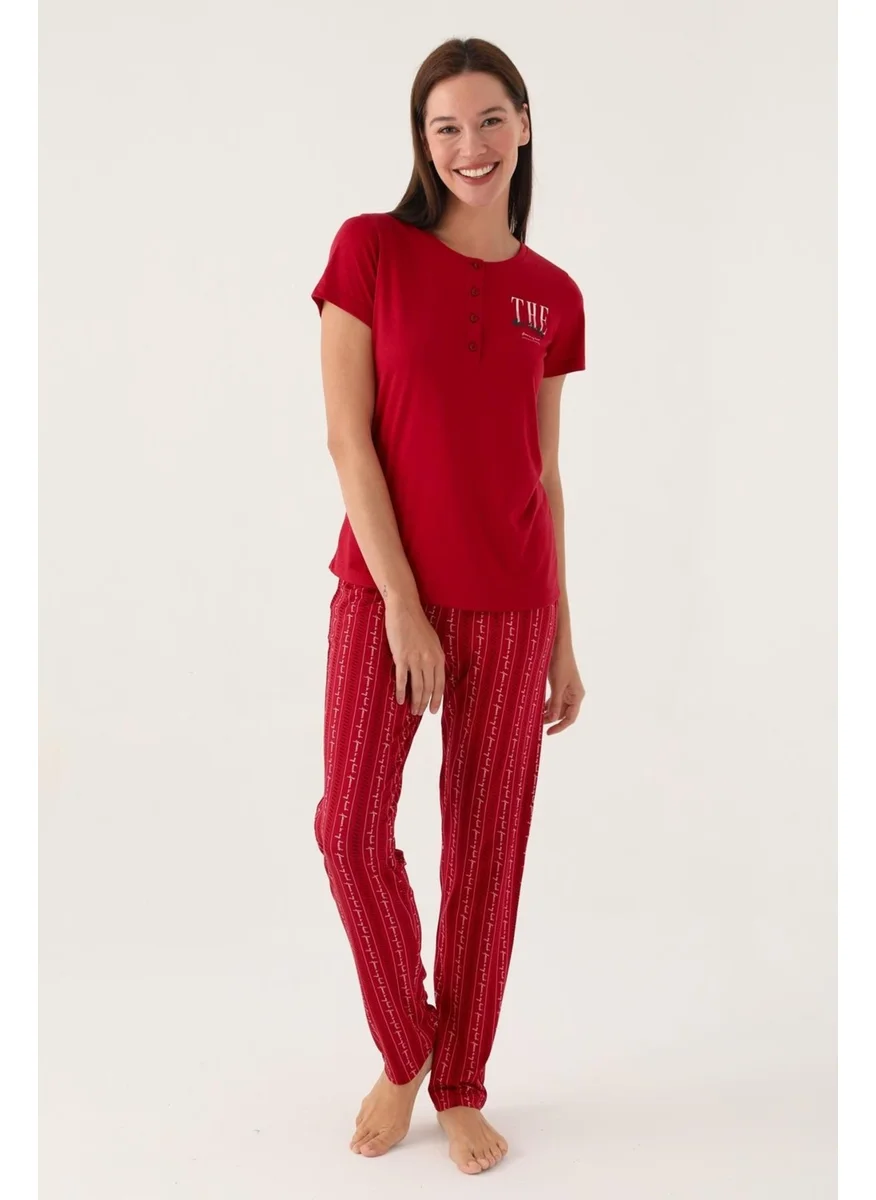 Arnetta Buttoned Crew Neck Women's Pajama Set, Plus Size Cotton Pajama Set