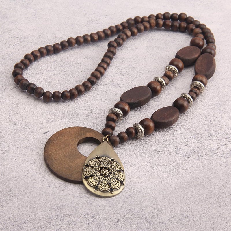 Bjesinmo Wooden Necklaces for Women Boho Long Vintage Beaded Necklace Bohemian Pendant Wooded Jewelry - Image 5