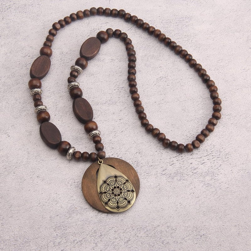 Bjesinmo Wooden Necklaces for Women Boho Long Vintage Beaded Necklace Bohemian Pendant Wooded Jewelry - Image 4