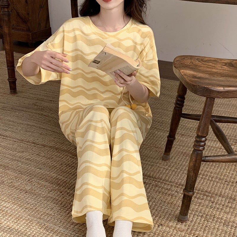 Pajamas womens summer cotton high quality short-sleeved trousers pullover striped cartoon sweet female student casual home wearHMF-33510 HMF-33510