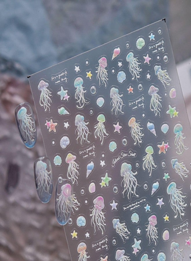 FDSQHSA 1 Sheets Summer Ocean Nail Stickers for Nail Art Self-Adhesive Jellyfish Nail Art Stickers Starfish Conch Shell Nail Decals Beach Nail Design Stickers for Women DIY Nail Decorations - Image 3