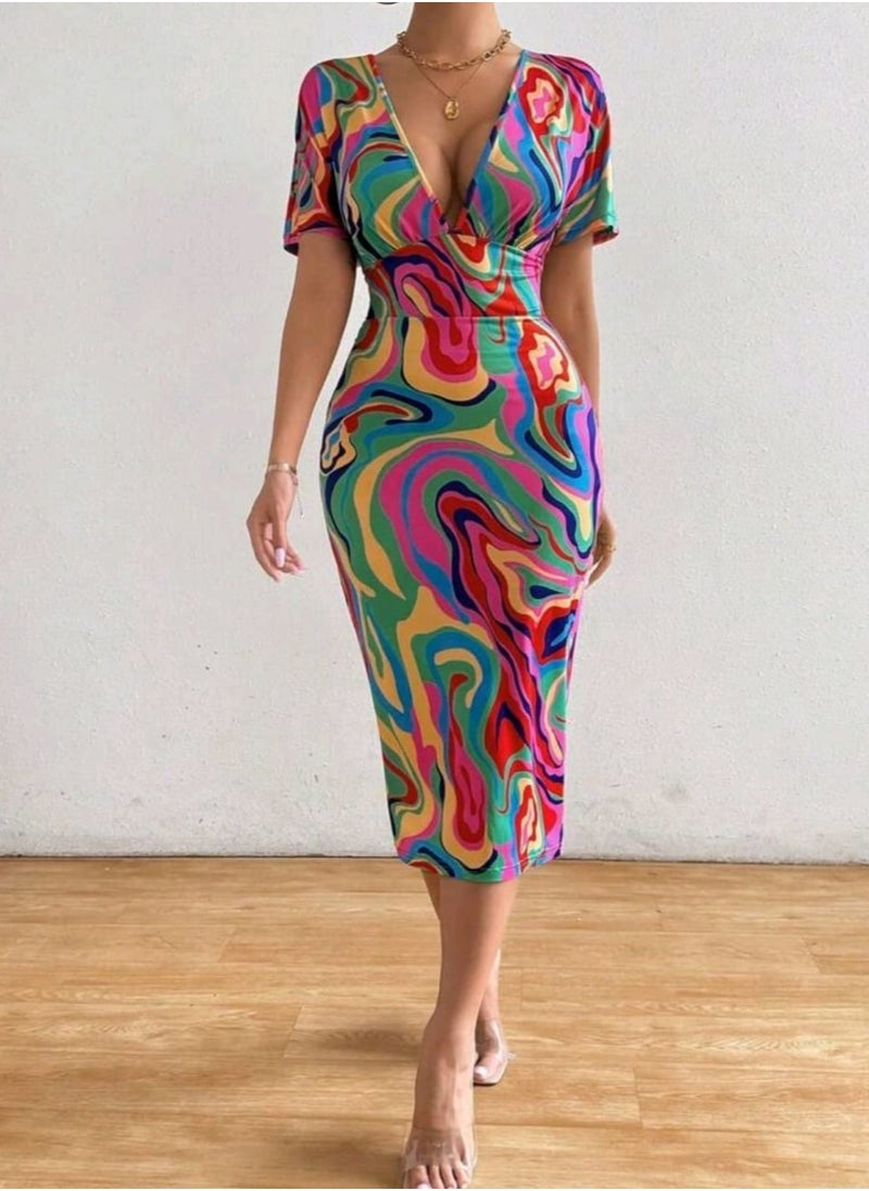 Shein - Shein Women's Summer Fashion Slim Fit Deep V-Neck Batwing Sleeve Random Printed Dress Maxi - Image 1