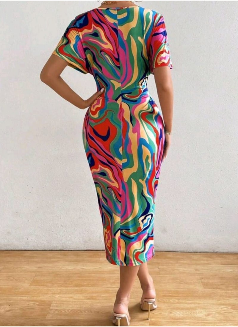 Shein - Shein Women's Summer Fashion Slim Fit Deep V-Neck Batwing Sleeve Random Printed Dress Maxi - Image 1