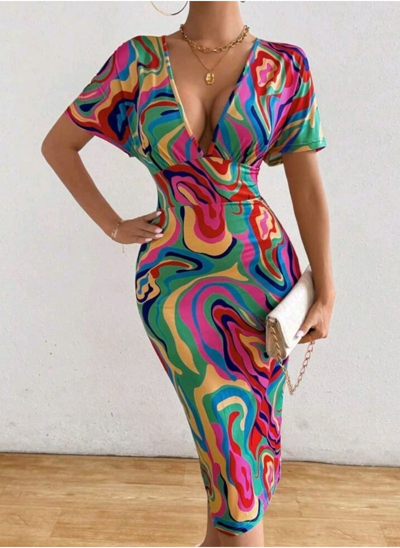 Shein - Shein Women's Summer Fashion Slim Fit Deep V-Neck Batwing Sleeve Random Printed Dress Maxi - Image 1