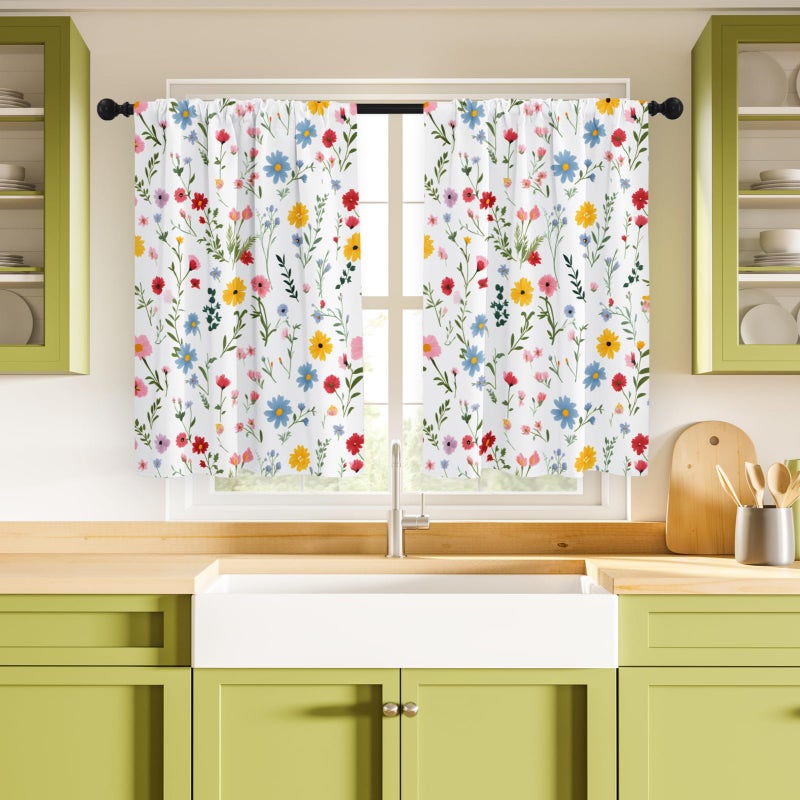 Stanoha Kitchen Curtains (2 Pcs) Over Sink for Bathroom Window Cafe Basement Cortinas para Cocina Farmhouse Short Mini Curtain Flower Floral White Summer Elegant Country Rustic Modern Cute - 26Ã—36" - Image 5