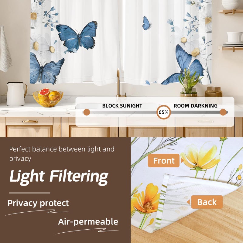 Stanoha Kitchen Curtains (2 Pcs) Over Sink for Bathroom Window Cafe Basement Cortinas para Cocina Farmhouse Short Mini Curtain Flower Floral White Summer Elegant Country Rustic Modern Cute - 26Ã—36" - Image 4