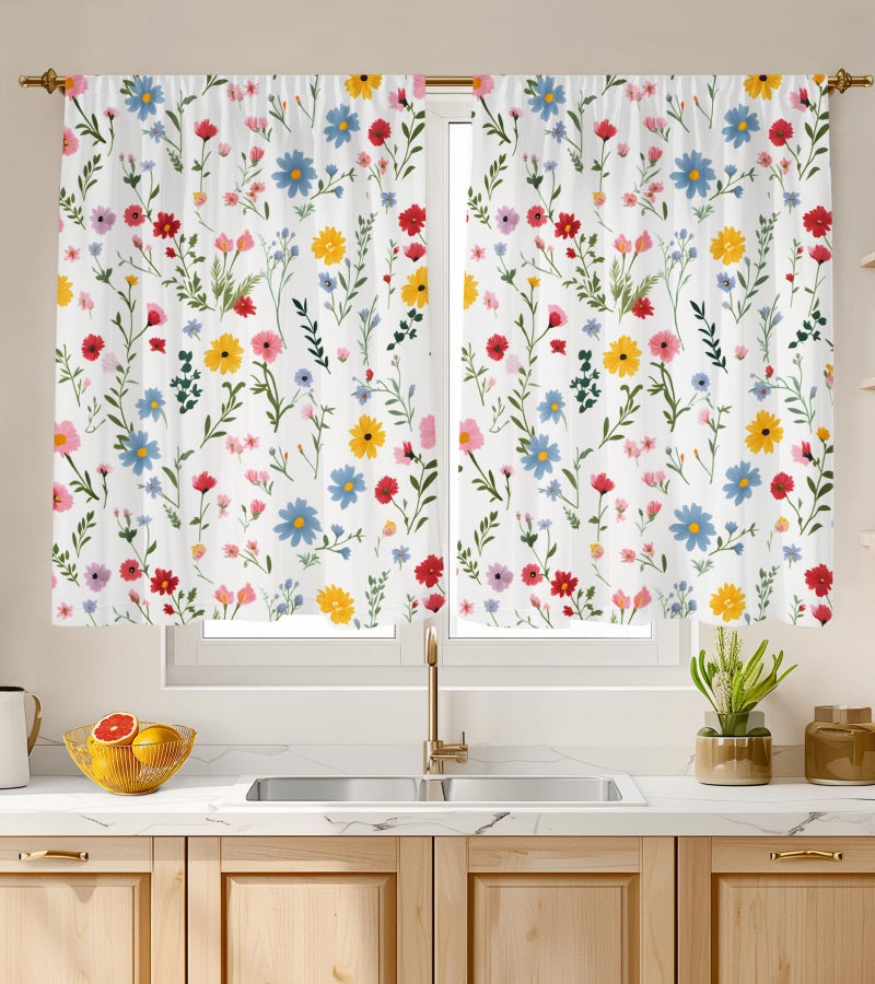 Stanoha Kitchen Curtains (2 Pcs) Over Sink for Bathroom Window Cafe Basement Cortinas para Cocina Farmhouse Short Mini Curtain Flower Floral White Summer Elegant Country Rustic Modern Cute - 26Ã—36" - Image 1