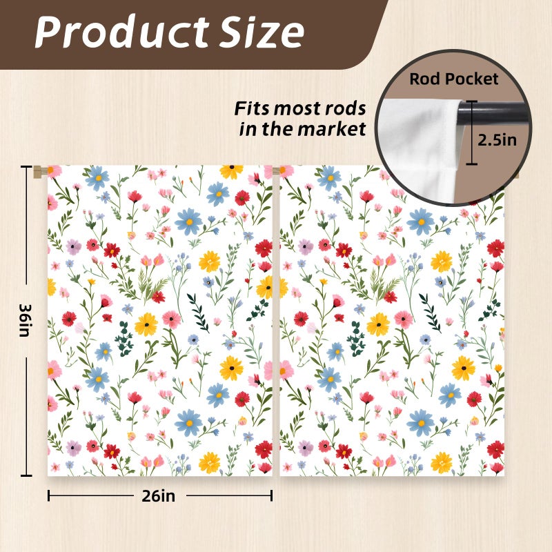 Stanoha Kitchen Curtains (2 Pcs) Over Sink for Bathroom Window Cafe Basement Cortinas para Cocina Farmhouse Short Mini Curtain Flower Floral White Summer Elegant Country Rustic Modern Cute - 26Ã—36" - Image 2