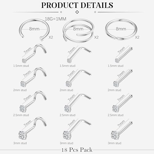 LOYALLOOK 18Pcs Nose Rings Studs 316L Surgical Steel Silver Nose Studs Double Hoop Nose Ring for Women Men 18G Silver Nose Rings Stud Hypoallergenic Nose/Body Piercing Jewelry 1.5mm 2mm 2.5mm 3mm CZ - Image 3