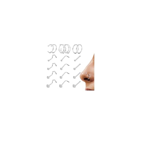 LOYALLOOK 18Pcs Nose Rings Studs 316L Surgical Steel Silver Nose Studs Double Hoop Nose Ring for Women Men 18G Silver Nose Rings Stud Hypoallergenic Nose/Body Piercing Jewelry 1.5mm 2mm 2.5mm 3mm CZ - Image 1