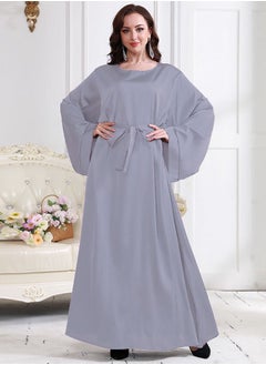 Loquat Women's Casual Solid Color Long Sleeves Abaya Full Length Lace-Up Dress  Muslim Grey 