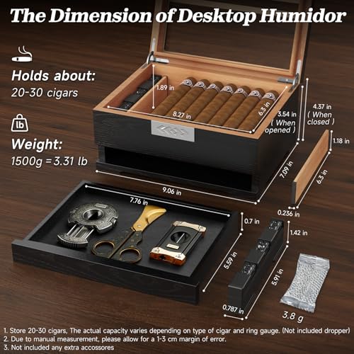 TISFA Cigar Humidor, Cedar Wood Desktop Humidor Box with Digital Hygrometer, Adjustable Humidifier, Accessory Drawer, Divider, Cigar Length Measurement, Glass Top Storage Holder Cigar Case (Black) - Image 2