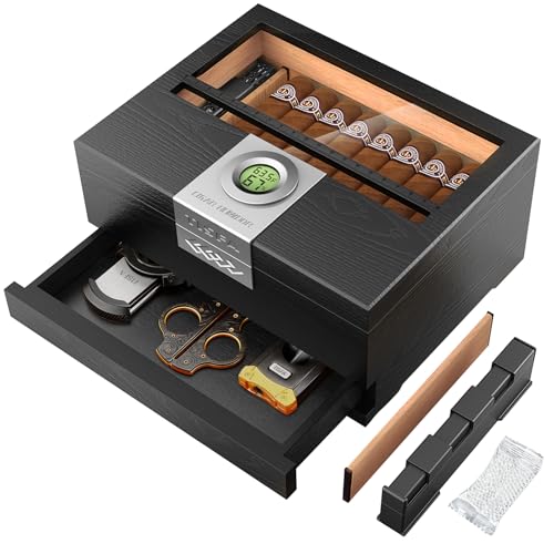 TISFA Cigar Humidor, Cedar Wood Desktop Humidor Box with Digital Hygrometer, Adjustable Humidifier, Accessory Drawer, Divider, Cigar Length Measurement, Glass Top Storage Holder Cigar Case (Black) - Image 1