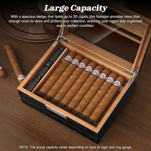 TISFA Cigar Humidor, Cedar Wood Desktop Humidor Box with Digital Hygrometer, Adjustable Humidifier, Accessory Drawer, Divider, Cigar Length Measurement, Glass Top Storage Holder Cigar Case (Black) - Image 4