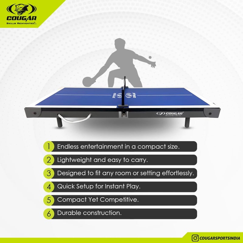 Cougar Hero Mini Table Tennis Table | Indoor Ping Pong Mini Table for Kids Fun Play | Included - TT Rackets and Balls | Briefcase Size Foldable Design-Blue - Image 3