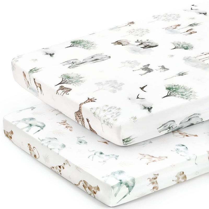 GRSSDER Stretchy Ultra Soft Jersey Knit Fitted Pack n Play Sheets Set 2 Pack, Portable/Mini Crib Sheets for Boys and Girls, Stylish Playard Sheets Fitted Safe and Snug, African Savannah Animals Pattern - Image 2
