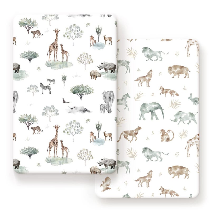 GRSSDER Stretchy Ultra Soft Jersey Knit Fitted Pack n Play Sheets Set 2 Pack, Portable/Mini Crib Sheets for Boys and Girls, Stylish Playard Sheets Fitted Safe and Snug, African Savannah Animals Pattern - Image 1