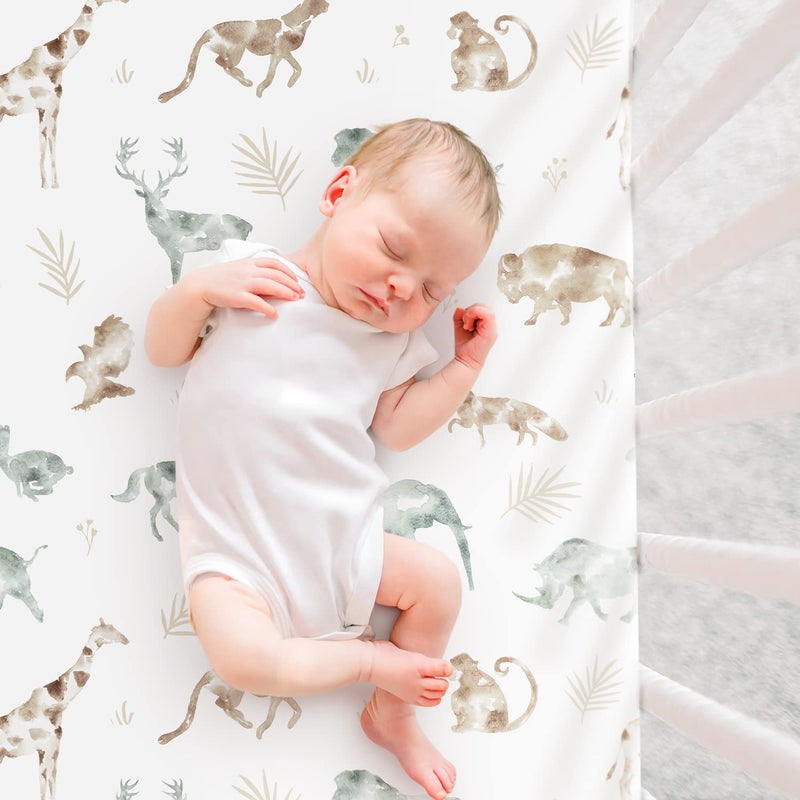 GRSSDER Stretchy Ultra Soft Jersey Knit Fitted Pack n Play Sheets Set 2 Pack, Portable/Mini Crib Sheets for Boys and Girls, Stylish Playard Sheets Fitted Safe and Snug, African Savannah Animals Pattern - Image 5