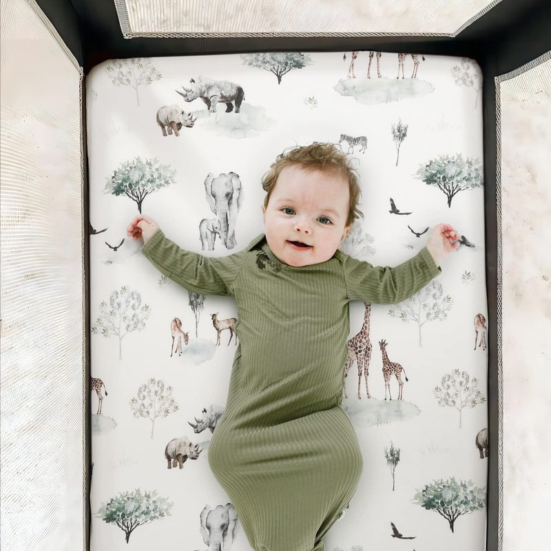 GRSSDER Stretchy Ultra Soft Jersey Knit Fitted Pack n Play Sheets Set 2 Pack, Portable/Mini Crib Sheets for Boys and Girls, Stylish Playard Sheets Fitted Safe and Snug, African Savannah Animals Pattern - Image 3