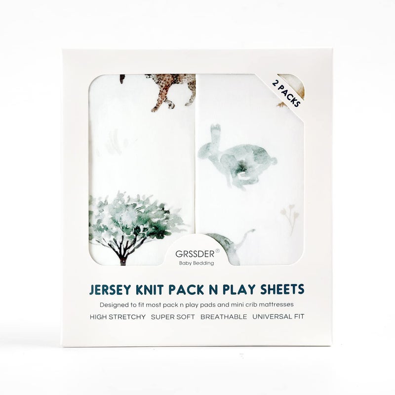 GRSSDER Stretchy Ultra Soft Jersey Knit Fitted Pack n Play Sheets Set 2 Pack, Portable/Mini Crib Sheets for Boys and Girls, Stylish Playard Sheets Fitted Safe and Snug, African Savannah Animals Pattern - Image 4