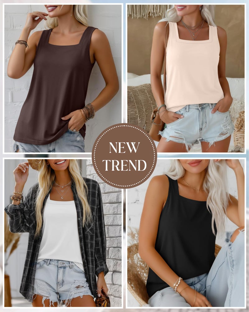 Riyiper 4 Pack Summer Women's Tank Tops Multipack Sleeveless Shirts Loose Fit Square Neck Tanks(Black, White, Cream, Brown,Large) - Image 2