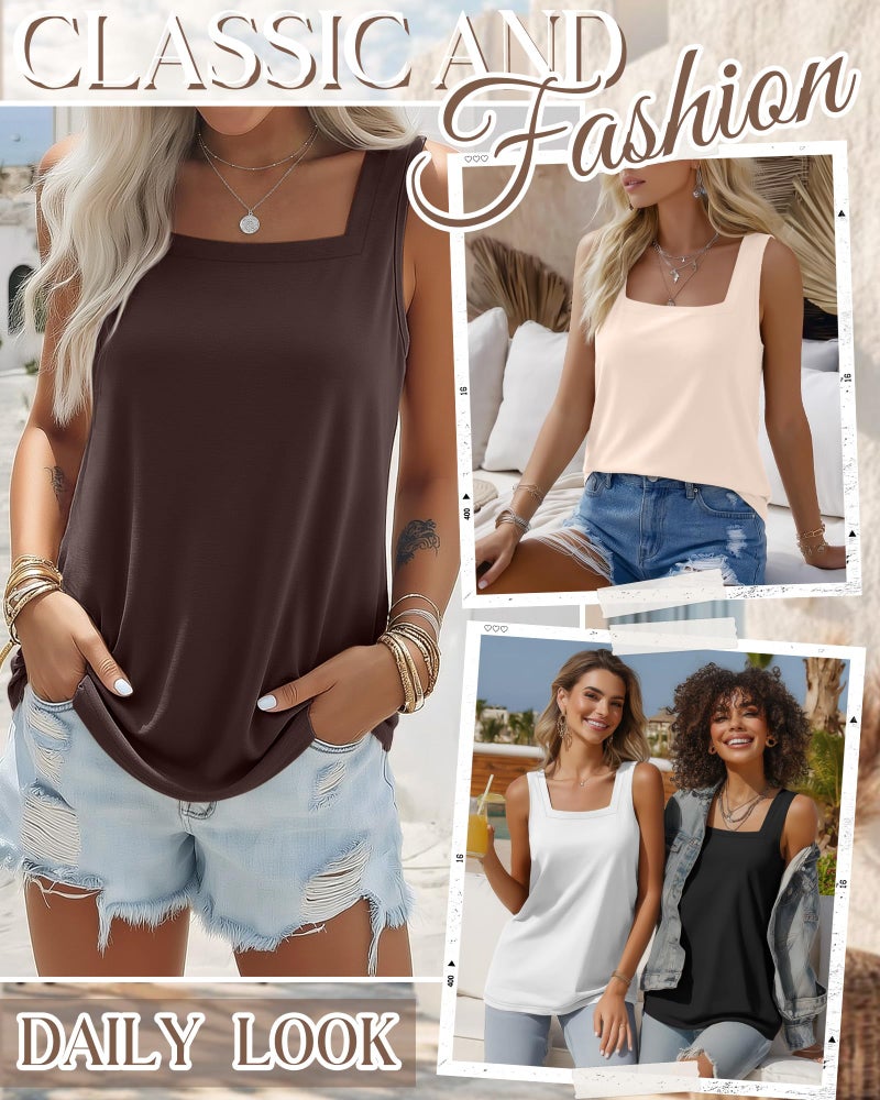 Riyiper 4 Pack Summer Women's Tank Tops Multipack Sleeveless Shirts Loose Fit Square Neck Tanks(Black, White, Cream, Brown,Large) - Image 4