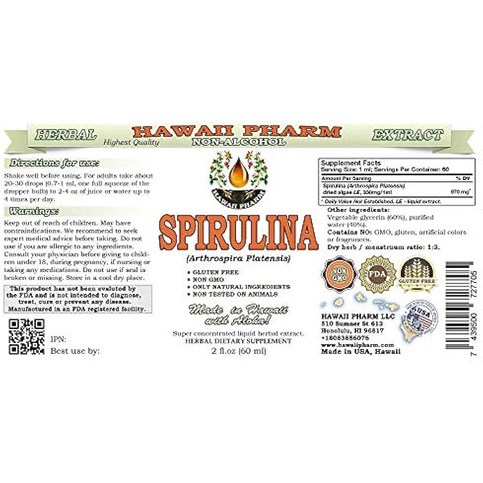 Hawaii Pharm Spirulina Alcohol-Free Liquid Extract, Professional Grade, Small Batch Crafted Spirulina (Arthrospira platensis) Dried Algae Glycerite Natural Herbal Supplement, 2 fl.oz - Image 2