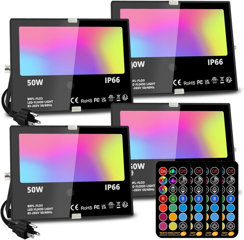 MELPO Led Flood Light Outdoor, 50W RGB Color Changing Landscape Lighting with Remote, Timing - 12 Colors - 4 Modes, IP66 Waterproof, US 3-Plug, (Pack of 4) - Image 1