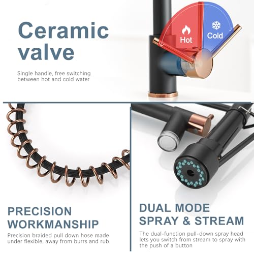AIMADI Matte Black Kitchen Faucet AIMADI,Commercial Kitchen Faucets Single Handle Single Hole Spring Rose Gold Kitchen Faucet with Pull Down Sprayer Black - Image 5