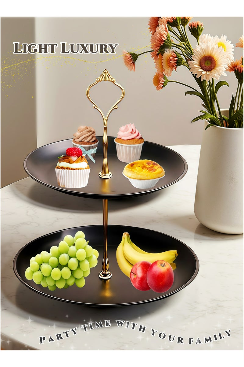 Black Gold Stainless Steel 2-Layer Dessert Stand Fruit Tray ,Cake Stand,Display Rack, Kitchen Dining Tray, Serving Trays with European Crown Handle, Ramadan Dessert Tray ,Tray Decor Coffee Table Round Tray, Perfume Jewelry Trays,for Family Gatherings, Afternoon tea, Office activities, Banquet Celebrations,Hotel Restaurants23.5/20X24cm - Image 2