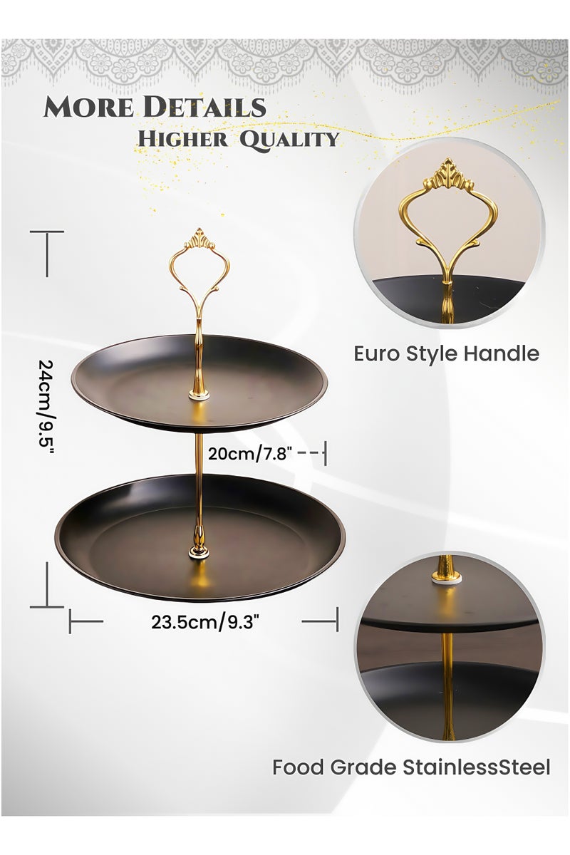 Black Gold Stainless Steel 2-Layer Dessert Stand Fruit Tray ,Cake Stand,Display Rack, Kitchen Dining Tray, Serving Trays with European Crown Handle, Ramadan Dessert Tray ,Tray Decor Coffee Table Round Tray, Perfume Jewelry Trays,for Family Gatherings, Afternoon tea, Office activities, Banquet Celebrations,Hotel Restaurants23.5/20X24cm - Image 3