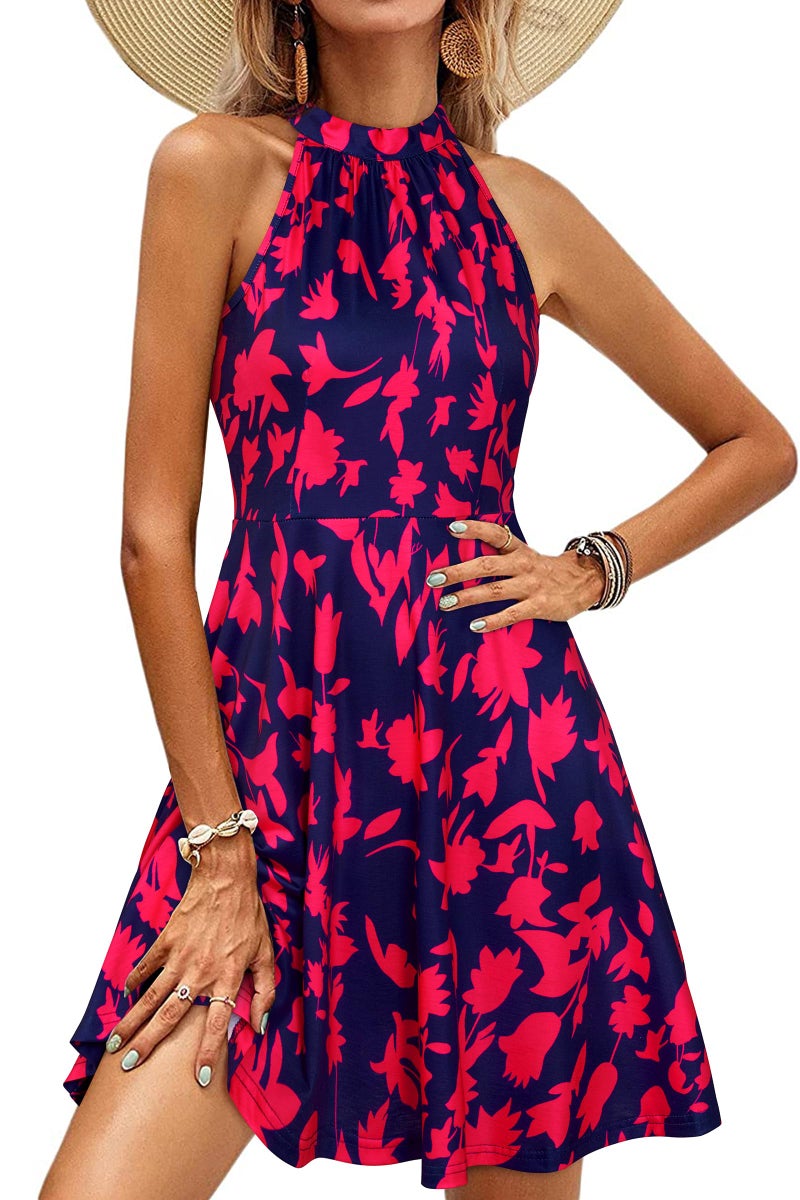 OUGES Women's Summer Dresses Floral Sundresses Halter Neck Cruise Outfits Beach Vacation Casual Graduation Derby Dress 2026(Rose Floral Navy,M) - Image 1