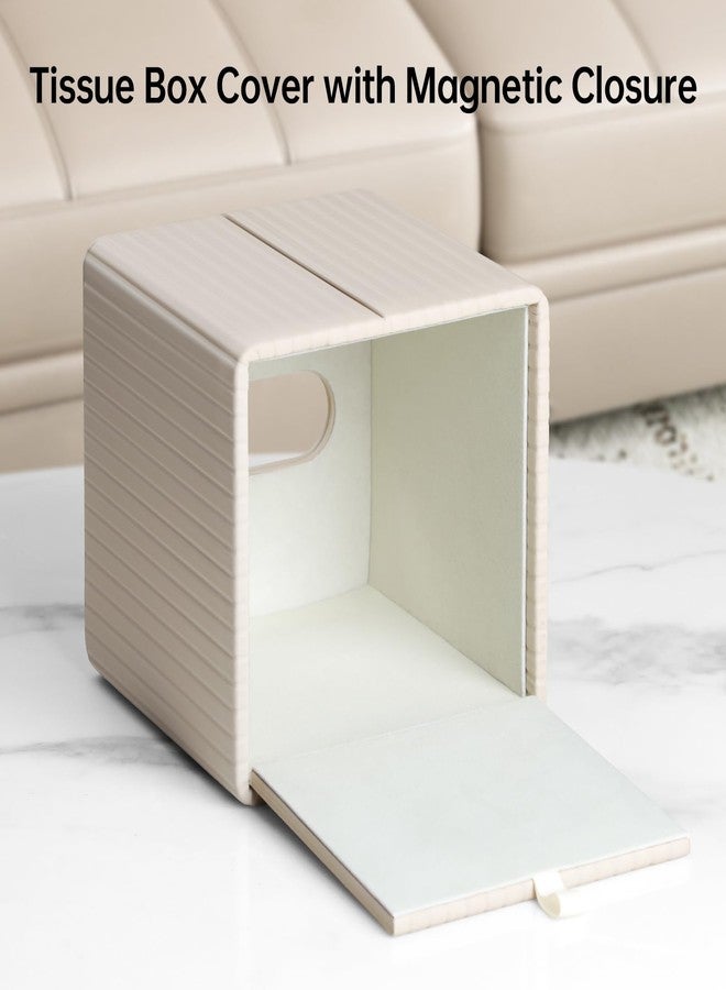MEIBOOCH PU Leather Tissue Box Cover Square Tissue Box Holder with Magnetic Closure (Beige Stripe) - Image 3