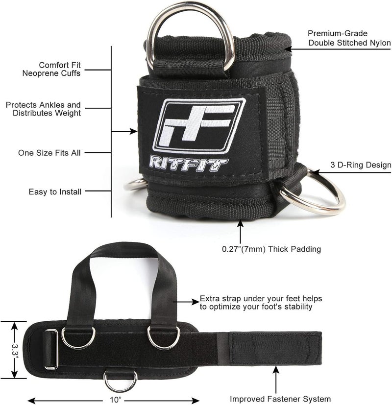 RitFit Kickback Ankle Straps Padded Ankle Strap for Cable Machine,Strong Hook and Loop,Reinforced 3 D-Ring, Adjustable Comfort fit Neoprene - Premium Ankle Cuffs to Enhance Abs, Glute & Leg Workouts - Image 3