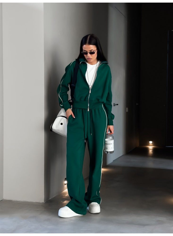 NIBEMINENT Autumn Fashion Long Sleeve Sports Women's Suit Casual Turn-down Collar Zipper Tops And Loose Wide Leg Pants Female Two Piece Set - Image 2