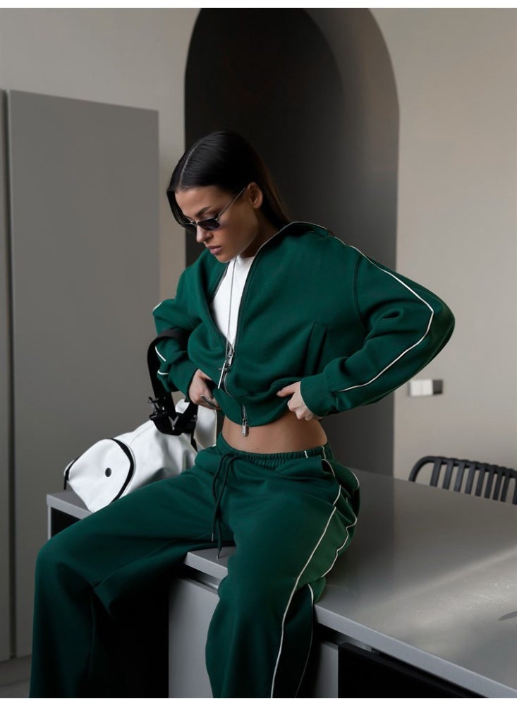 NIBEMINENT Autumn Fashion Long Sleeve Sports Women's Suit Casual Turn-down Collar Zipper Tops And Loose Wide Leg Pants Female Two Piece Set - Image 1