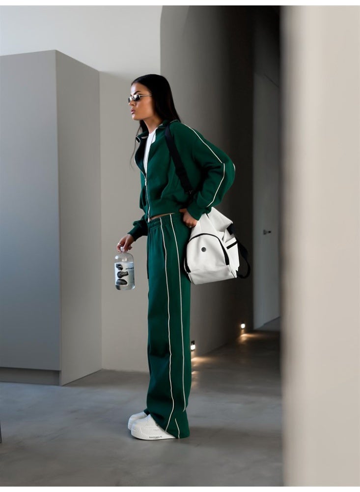 NIBEMINENT Autumn Fashion Long Sleeve Sports Women's Suit Casual Turn-down Collar Zipper Tops And Loose Wide Leg Pants Female Two Piece Set - Image 3