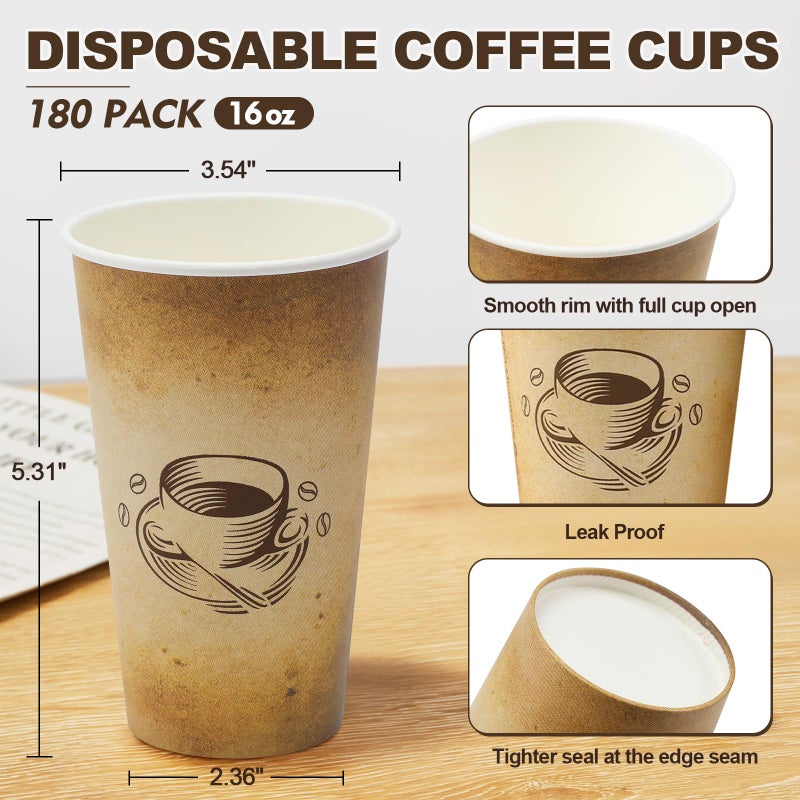 Clawsoff 180 Pack 16 oz Disposable Paper Coffee Cups, Hot/Cold Drinking Cups, coffee, Juice, Retro Design, Leak-Proof, Party, Picnic, Events, Travel, Offices, Shops - Image 2