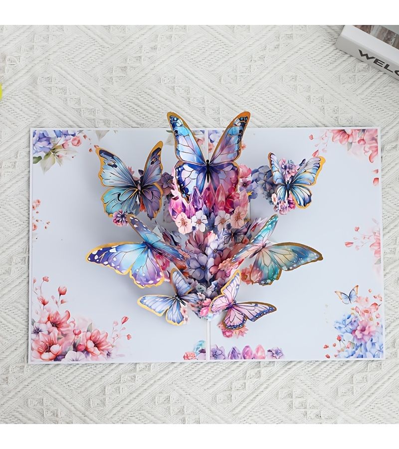 1pc 2025 Hot Stamping Butterfly Blue 3D Foldable Creative Handmade Paper Cut Greeting Card For Mom Mother Day Handwritten Wishes Message Card - Image 5