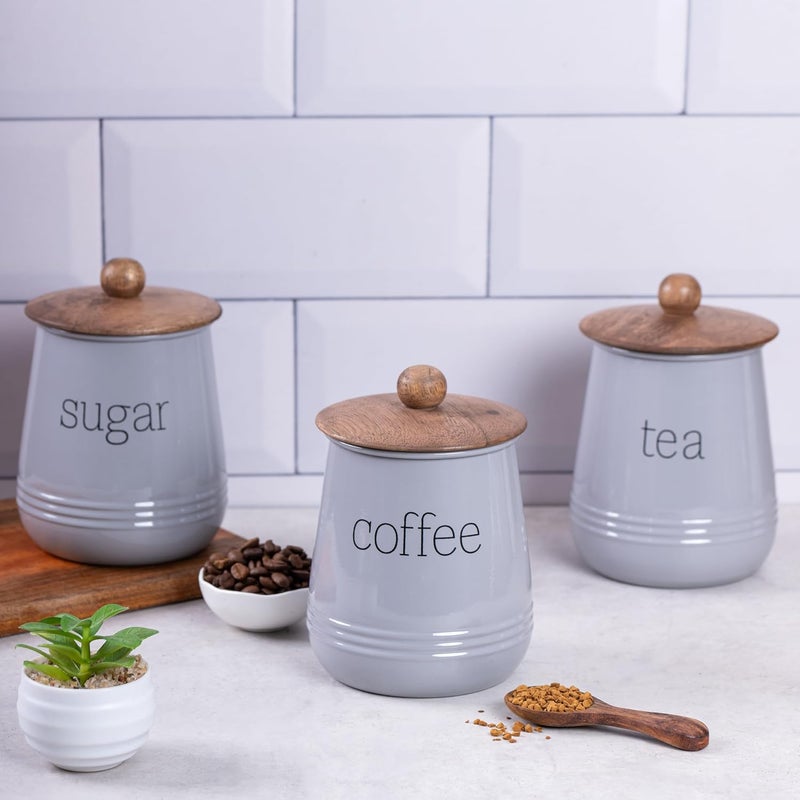Metallure Home Stylish Airtight Kitchen Containers Set of 3 Metal Wood Jars Tea Coffee Sugar Food Safe Grey - Image 1