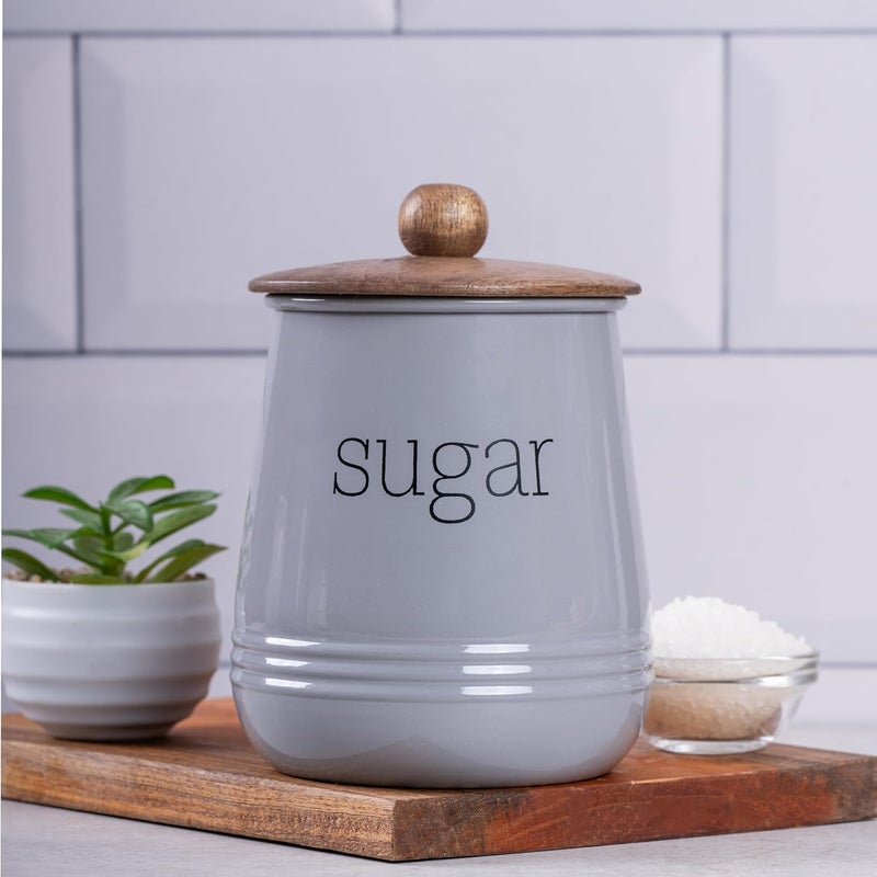 Metallure Home Stylish Airtight Kitchen Containers Set of 3 Metal Wood Jars Tea Coffee Sugar Food Safe Grey - Image 2