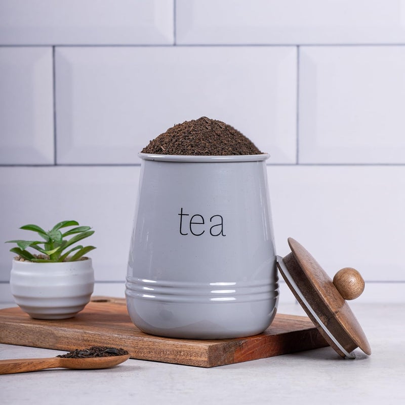 Metallure Home Stylish Airtight Kitchen Containers Set of 3 Metal Wood Jars Tea Coffee Sugar Food Safe Grey - Image 3