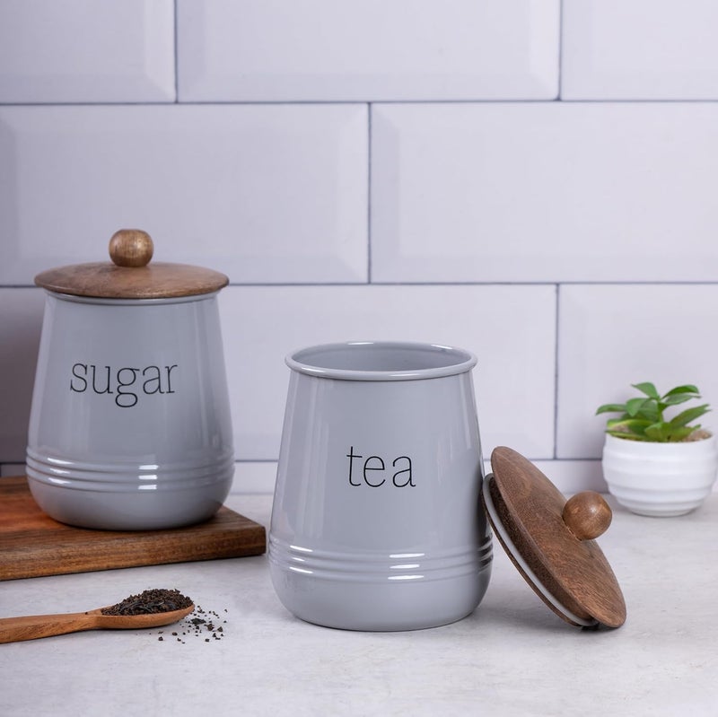 Metallure Home Stylish Airtight Kitchen Containers Set of 3 Metal Wood Jars Tea Coffee Sugar Food Safe Grey - Image 4