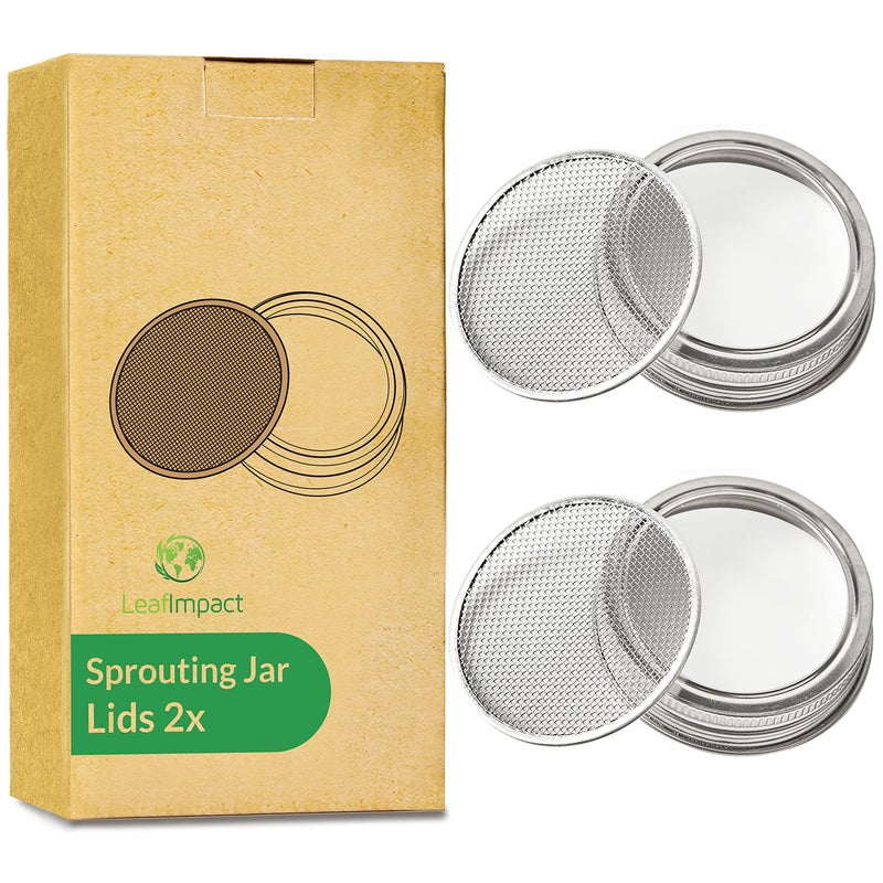 LeafImpact 2 Pack Seed Sprouting Jar Lids | For 2.75" Regular Mouth Mason Jars | Fresh Sprouts at Home | Strainer Screen for Canning Jars | 304 Stainless Steel Lid for Growing Broccoli, Alfalfa, Beans & More  - Image 1